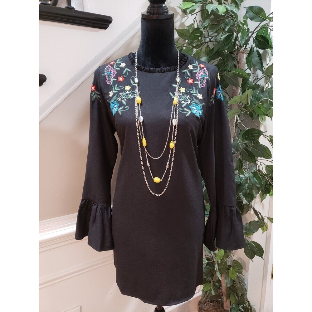 Zizai Black Embroidered Floral Frilled Collar Knee Length Shift Dress Size M